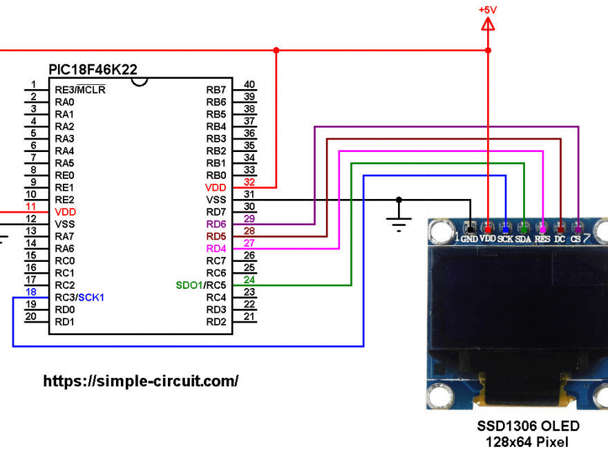 PIC18F46K22 SSD1306 OLED SPI mode circuit