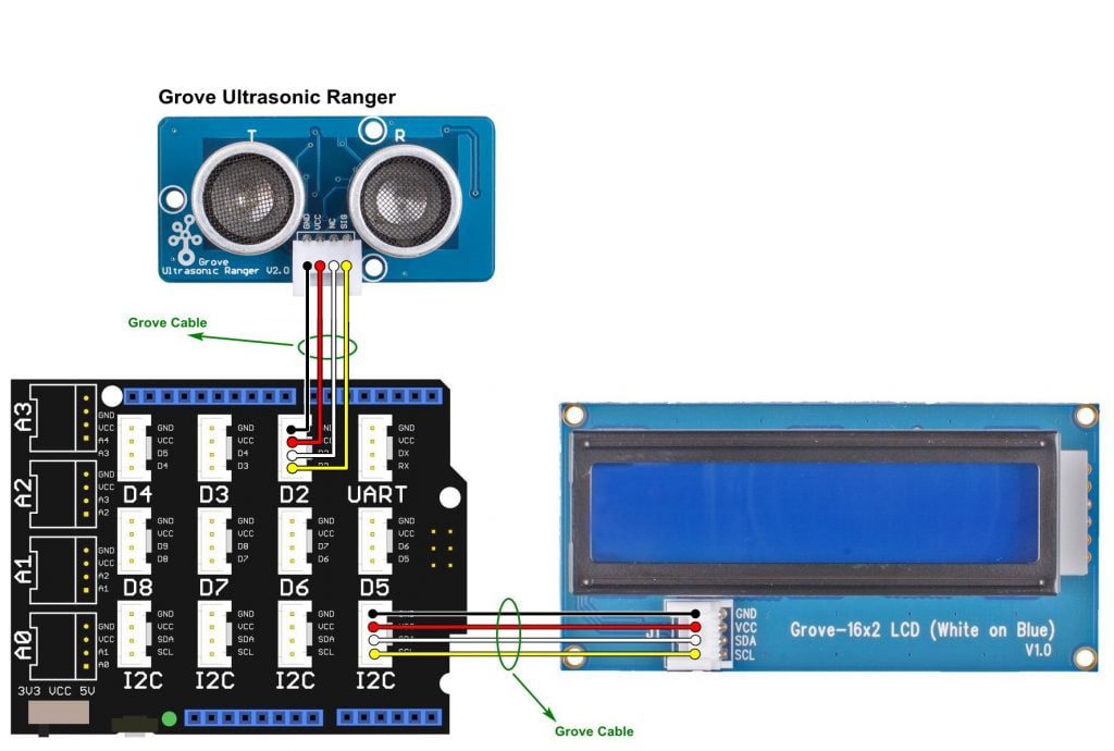Arduino Grove ultrasonic ranger 16x2 LCD circuit