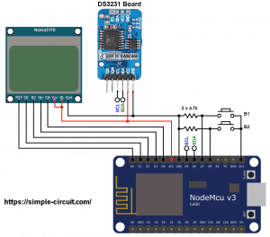 ESP8266 NodeMCU with DS3231 RTC and Nokia 5110 LCD