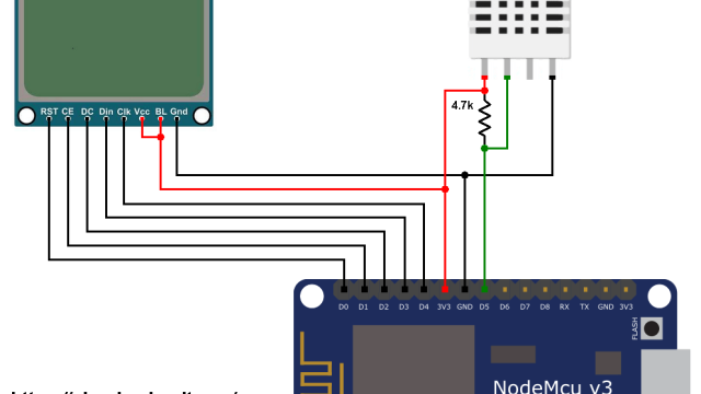 ESP8266 NodeMCU Nokia 5110 DHT22 AM2302 circuit