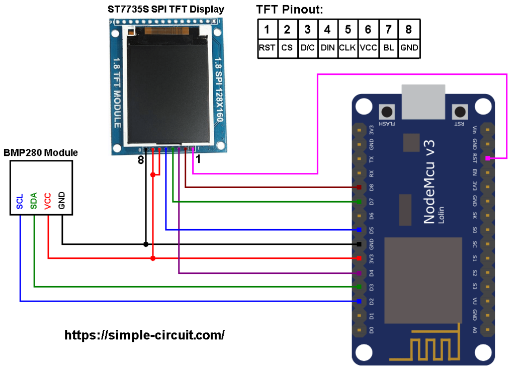 ESP8266 NodeMCU ST7735 TFT BMP280 sensor circuit