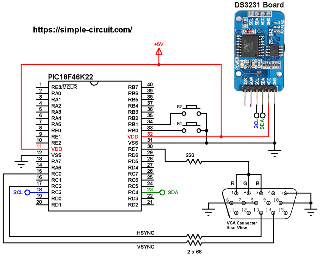 PIC18F46K22 VGA monitor DS3231 RTC circuit
