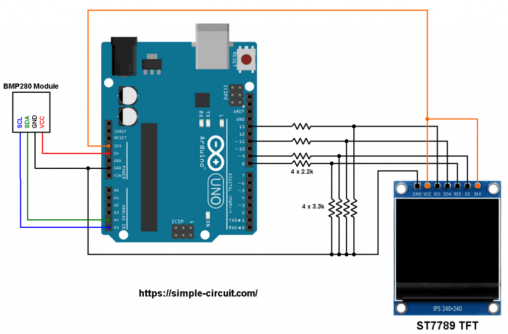 TFT ST7789 Arduino BMP280 pressure temperature sensor circuit