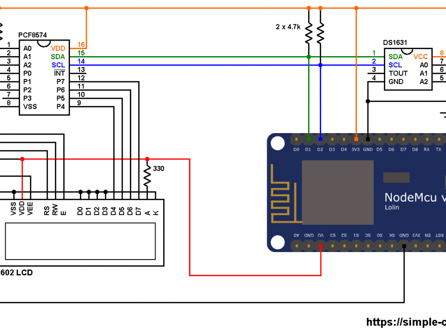 ESP8266 NodeMCU I2C LCD DS1631 sensor circuit