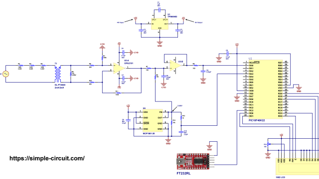 AC Voltage measurement using PIC18F46K22 microcontroller circuit