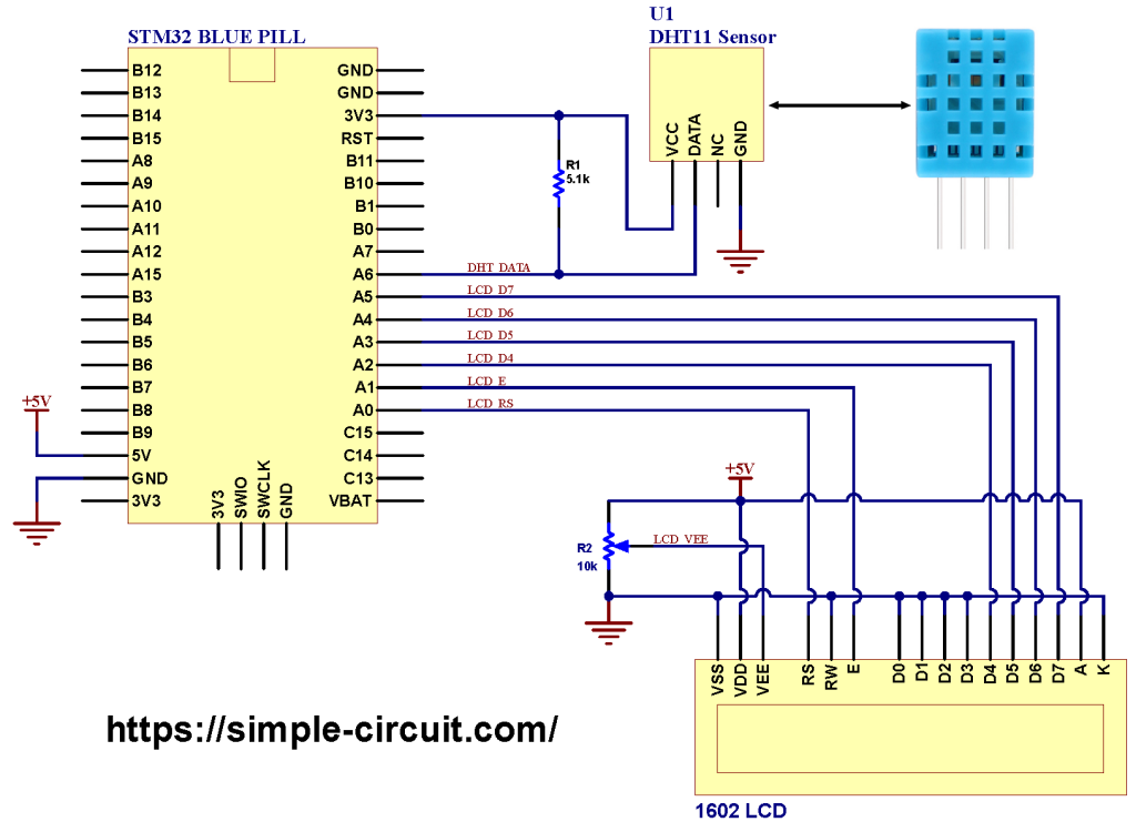 STM32F103C8 Blue Pill board with DHT11 humidity and temperature sensor circuit