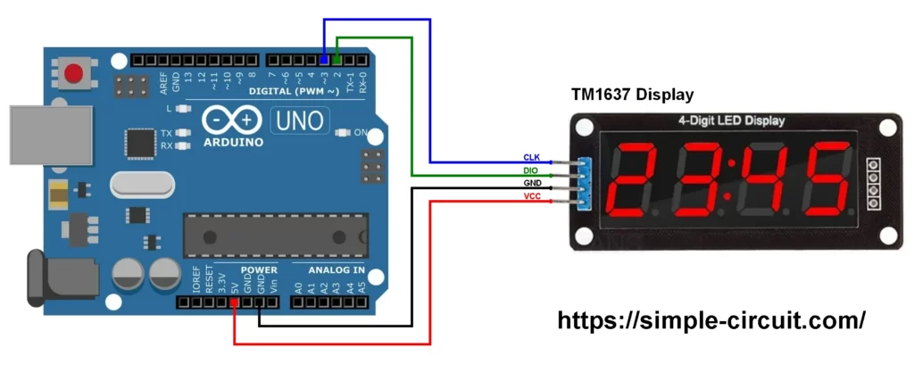 Interfacing Arduino with TM1637 4-digit 7-segment display module circuit schematic