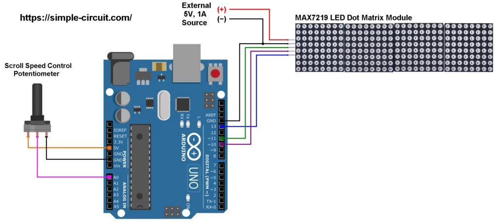 MAX7219 dot matrix scrolling text with Arduino circuit diagram
