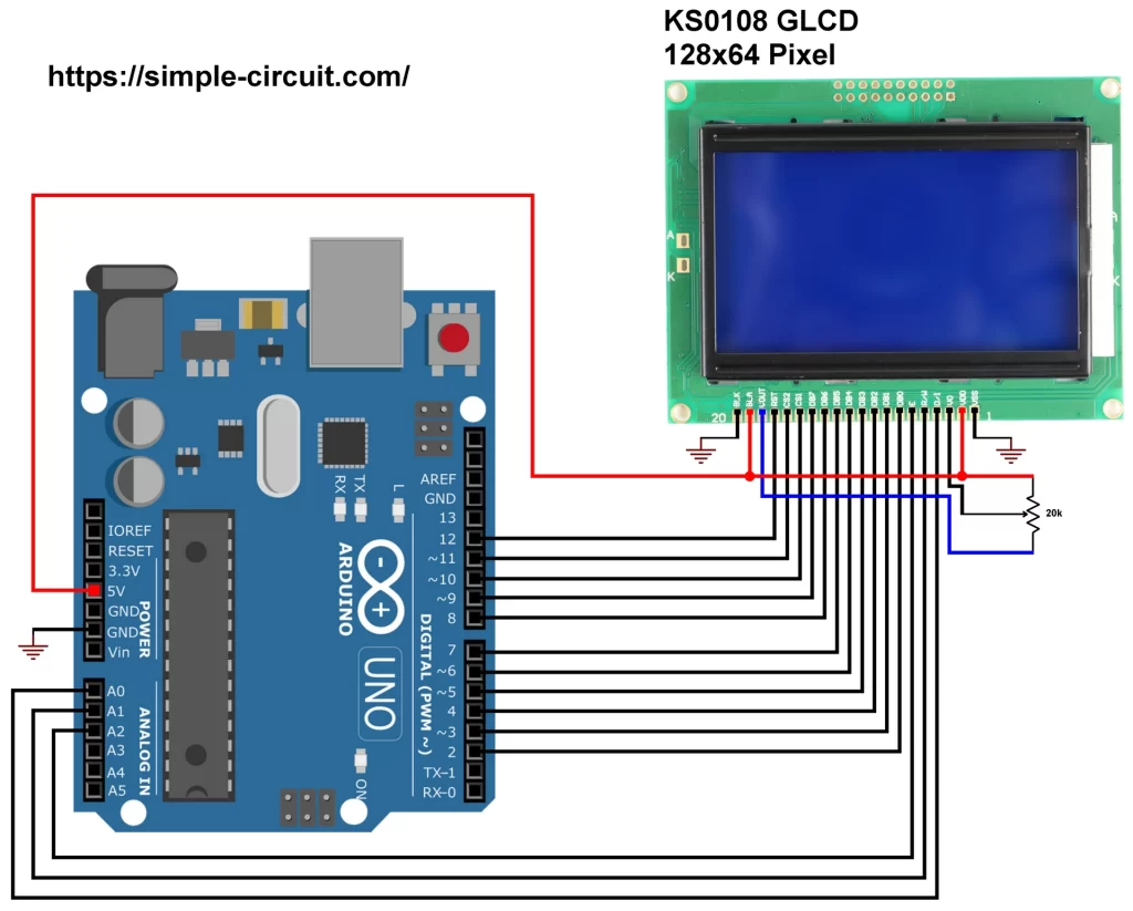 Interfacing KS0108 GLCD 128x64 pixel with Arduino circuit