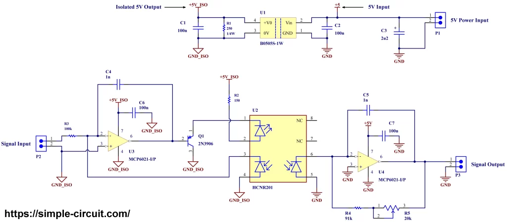 Analog isolation amplifier circuit using HCNR201 optocoupler circuit