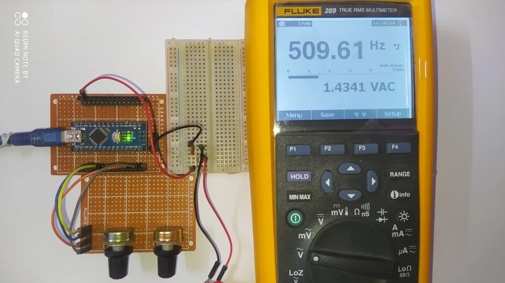 Arduino Sinewave waveform generator hardware test circuit with Fluke 289 industrial multimeter