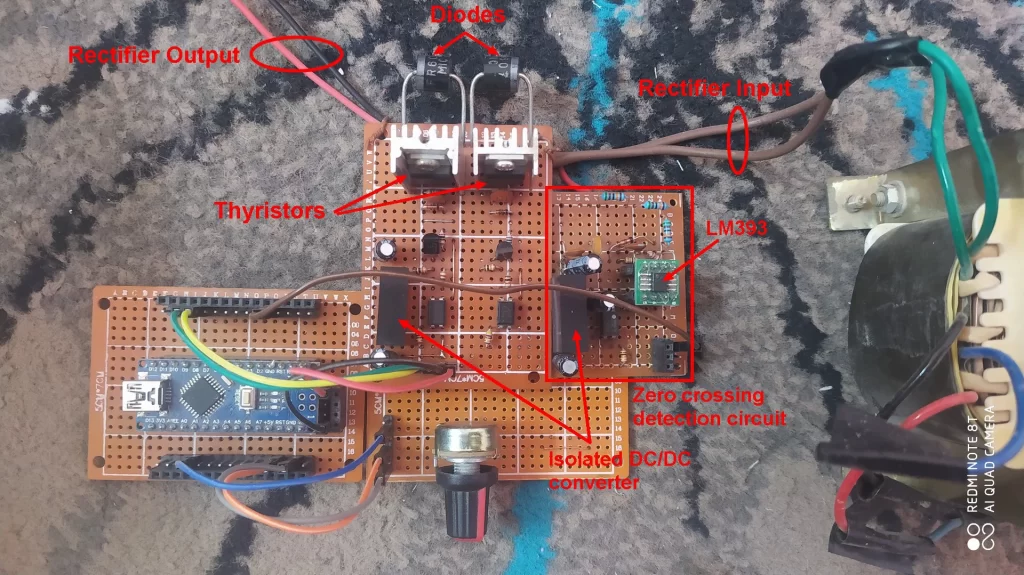 DIY Hardware circuit of arduino based battery charger application using TYN1225 Silicon Controlled Rectifier (SCR) thyristor