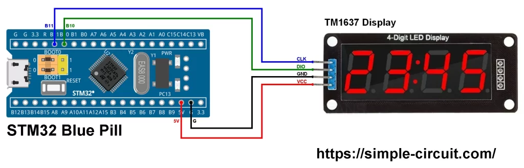 Interfacing STM32 Blue Pill with TM1637 7-segment display module circuit