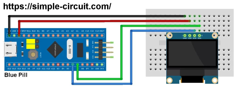 Interfacing STM32F103C8T6 Blue Pill with SSD1306 OLED I2C mode fritzing circuit