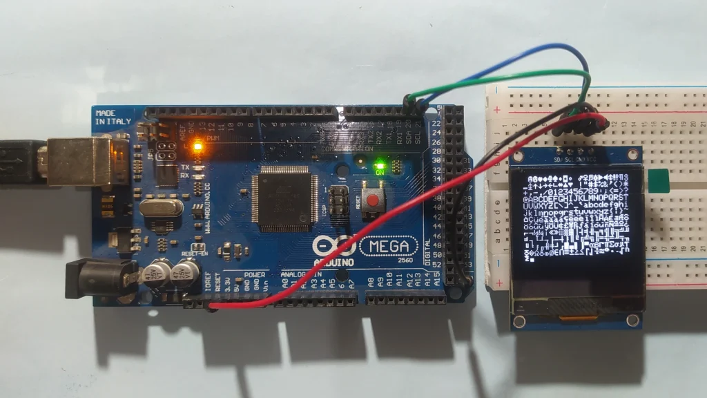 Arduino MEGA board with SH1107 OLED display hardware circuit I2C mode
