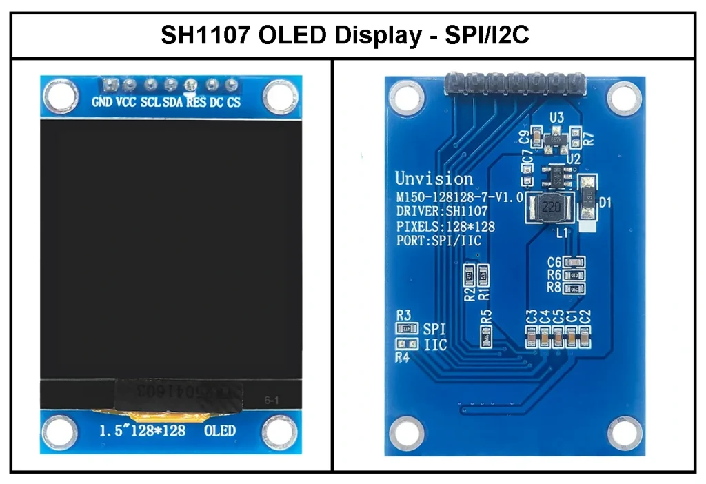 SH1107 OLED display module SPI and I2C interface protocol 128x128 pixel